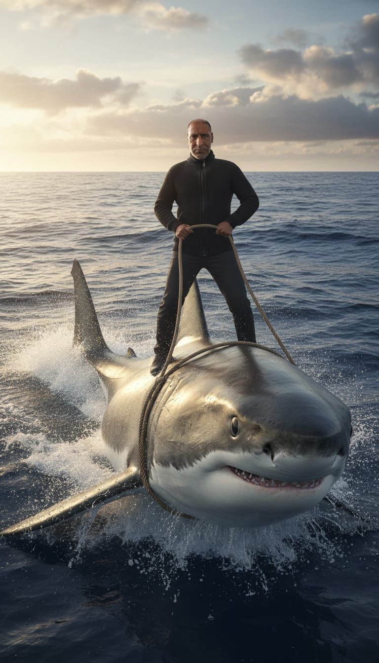 Man Rides Colossal Shark Across Ocean Surface