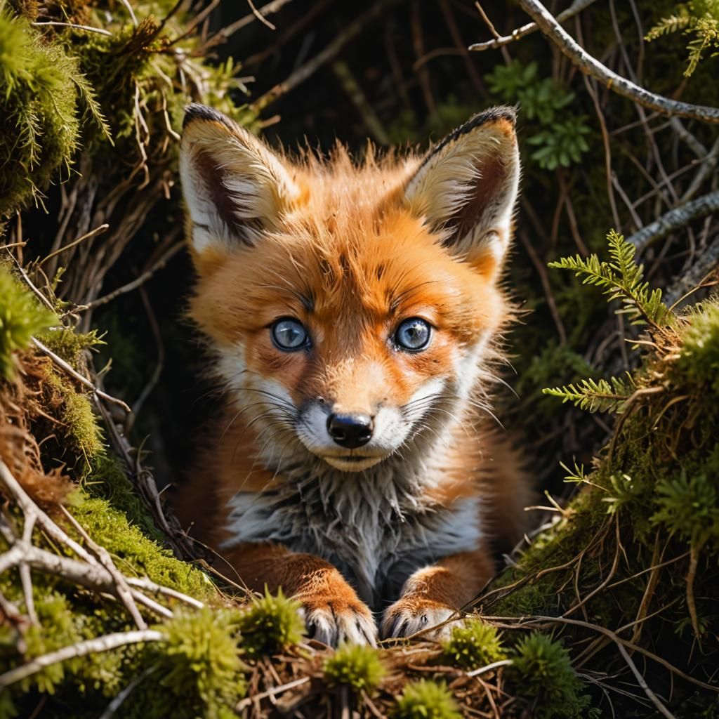 Innocence Unveiled: Baby Fox Basks in Sunlit Moss Nest  by @Sherkhal