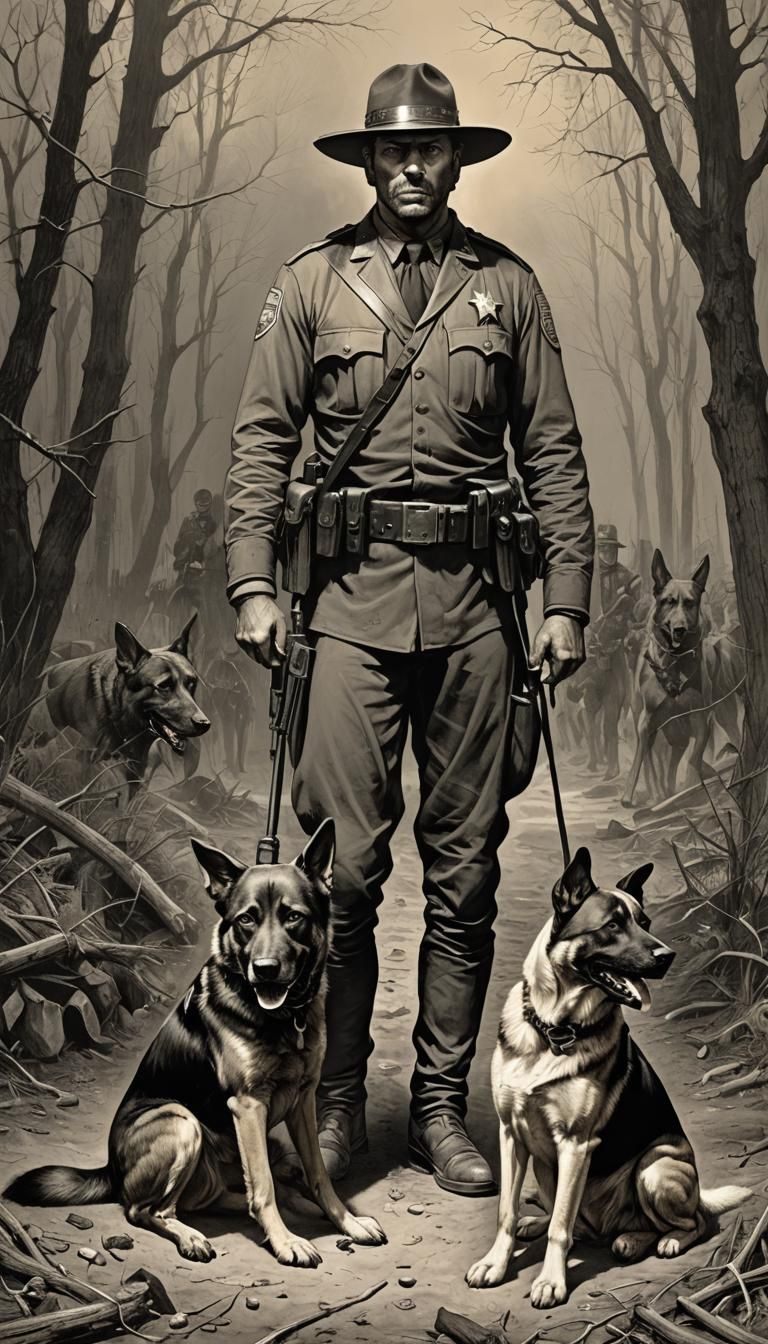 County deputy with k9 dog. horror Gustave Doré Greg Rutkowski
