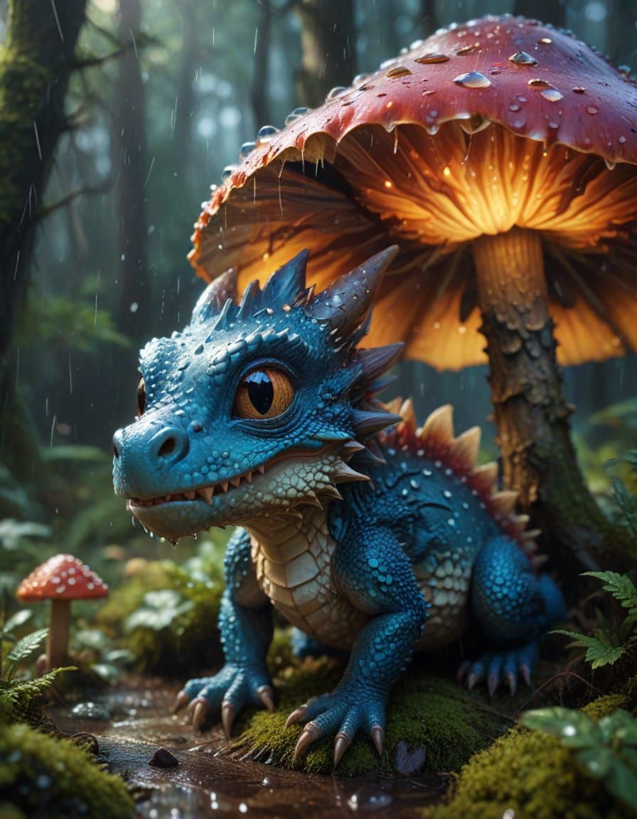 Surreal Dragon Hides Under Mushroom in Dreamworks-Style Rain...