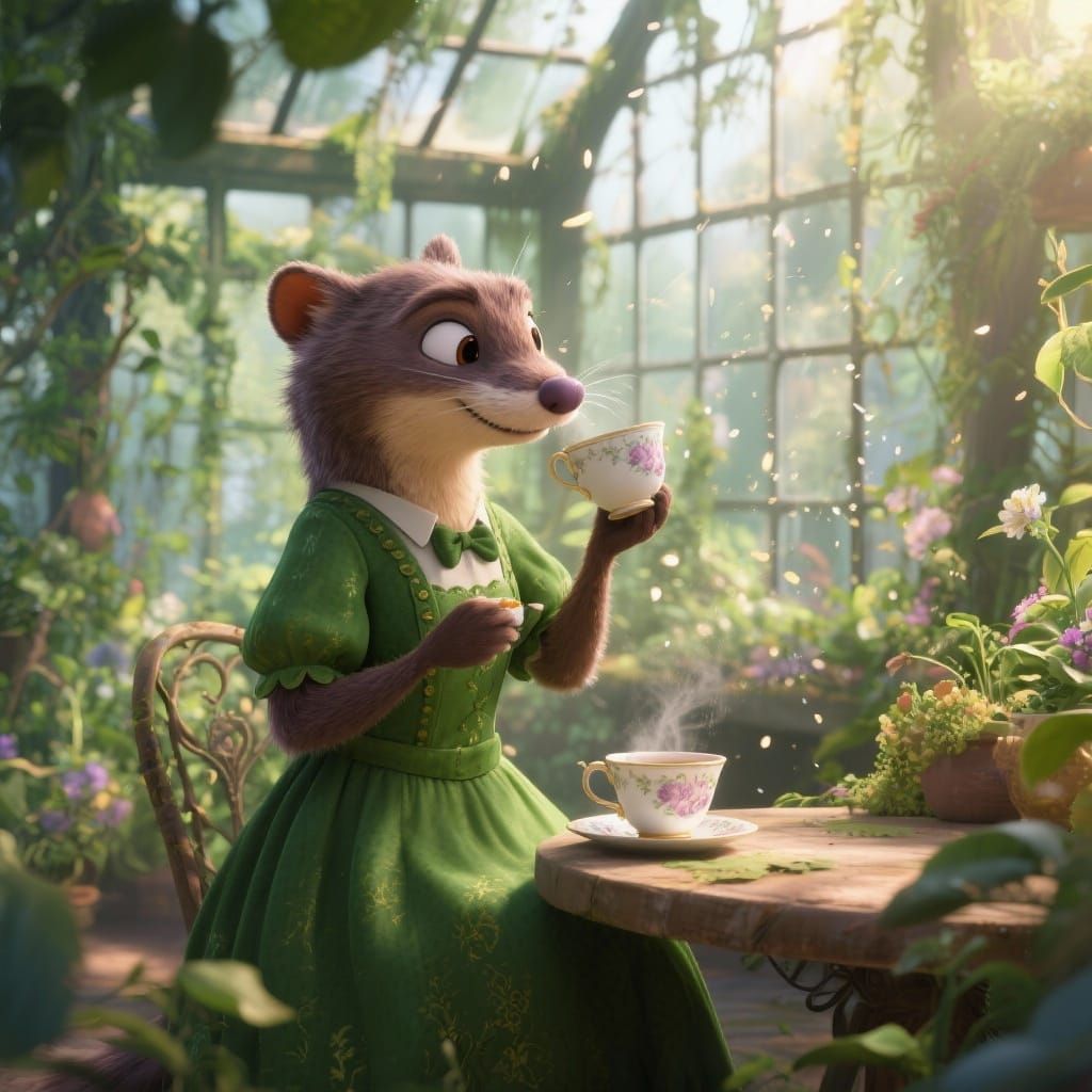 CGI cartoon in the style of Disney Pixar. A dapper anthropomorphic weasel, dressed in a beautiful green dress, sips tea from a delicate porc...