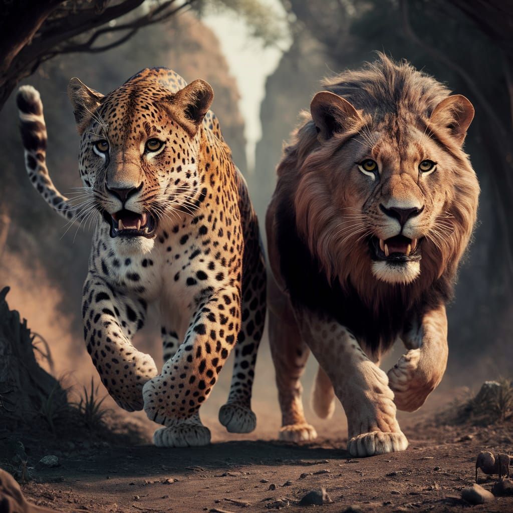 A rampant leopard and a rampant lion, hyper-realistic view  by @Gaby
