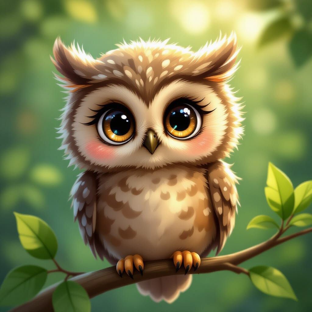 Cute Baby Owl with Sparkling Eyes in Pixar Style