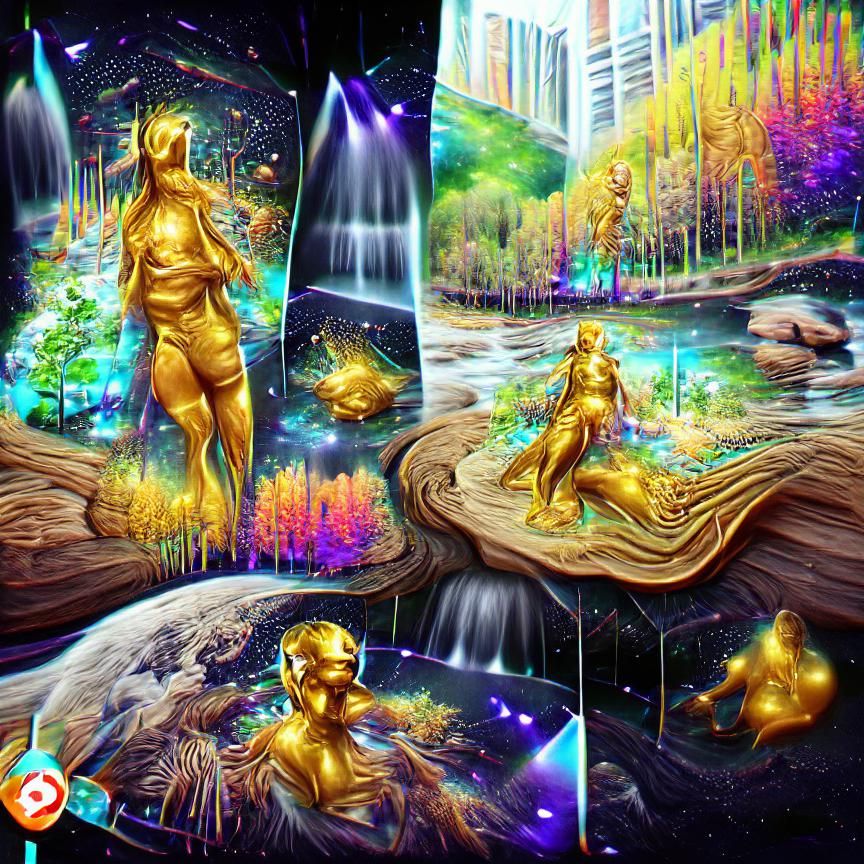 Golden, Waterfall, Cosmic River, Golden Rays, Golden Statue,...