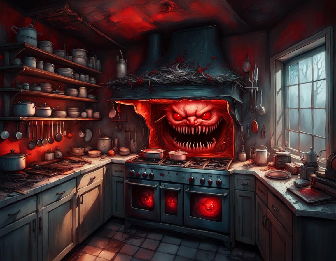 an evil spooky kitchen oven with evil red eyes and sharp tee...