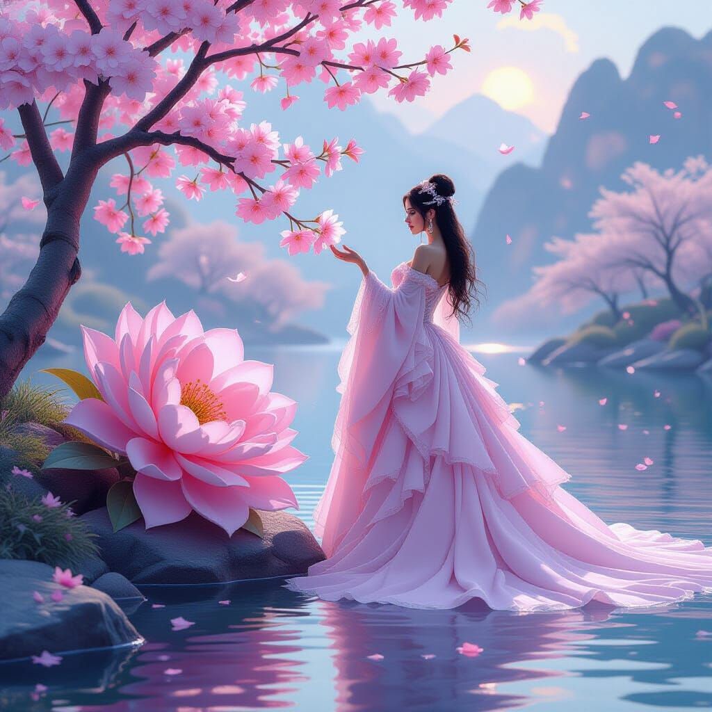 Fantasy Woman in Pink Gown by Lake with Giant Blossom