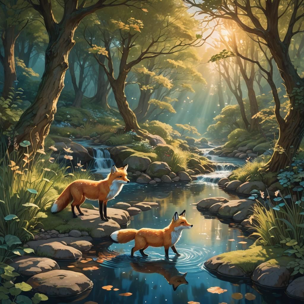 Fox Talks to Fish in Stream: Miyazaki-Inspired Art