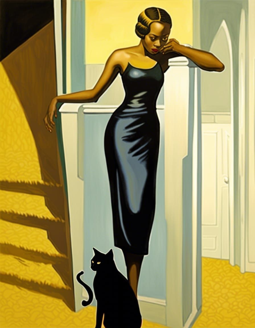 Black woman with black cats art deco Edward Hopper black and...