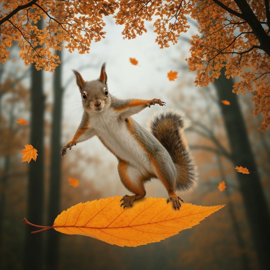 Extreme close up on squirrel standing on floating midair falling plant orange leaf, slanted angle, arms ...  by @David Myers