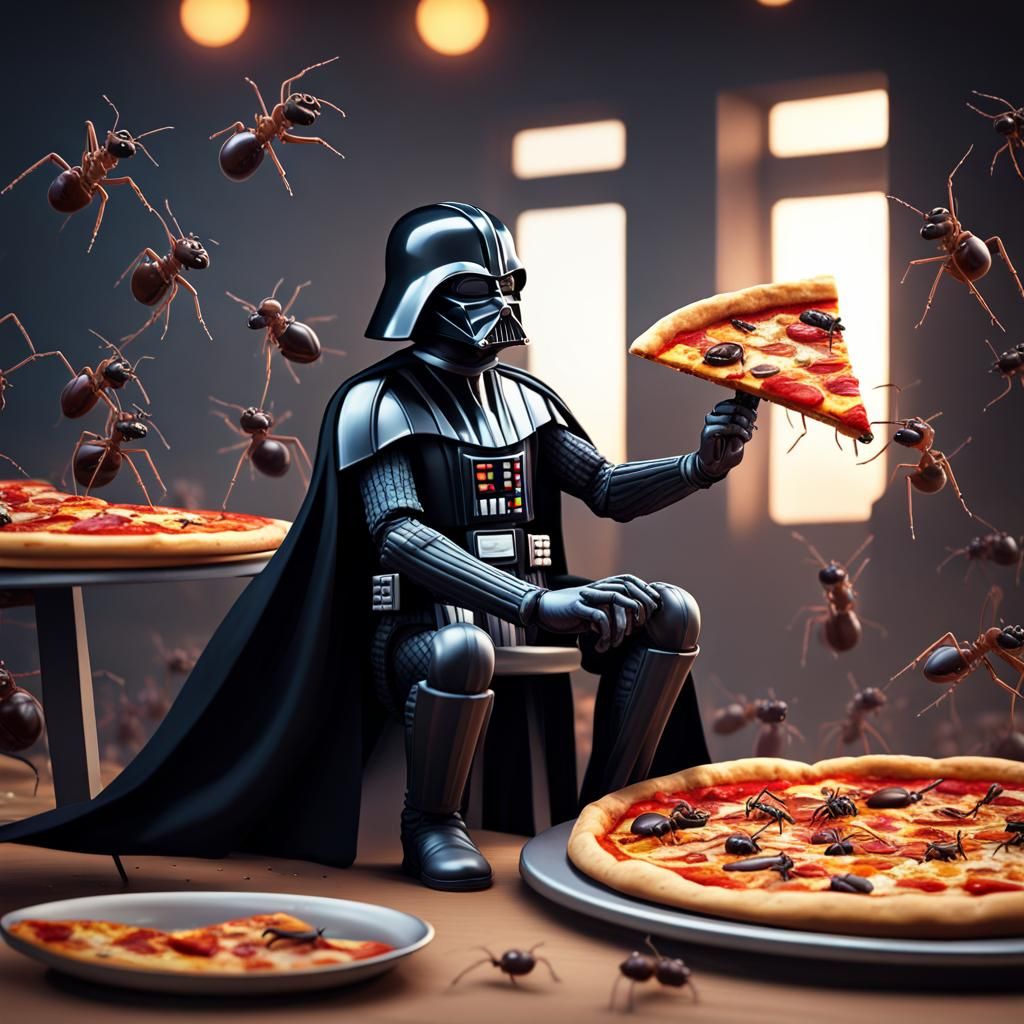 Darth Vader watching ants eat pizza