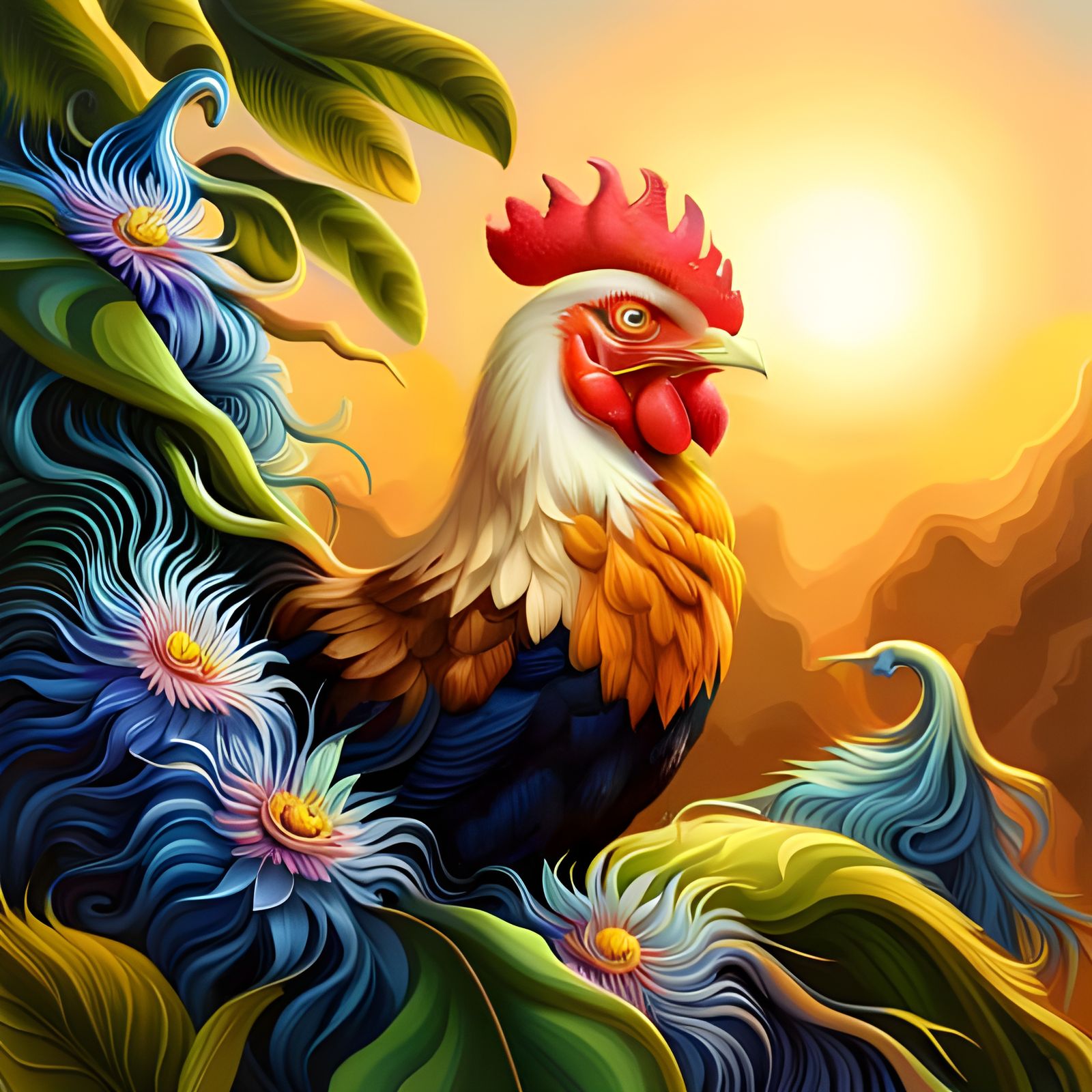 Rooster amidst passion flowers!  by @Menno