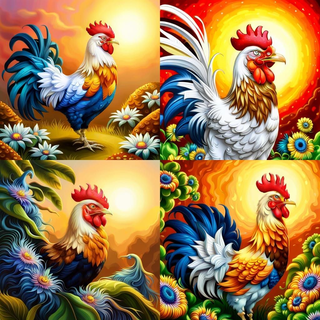 Rooster amidst passion flowers at sunrise