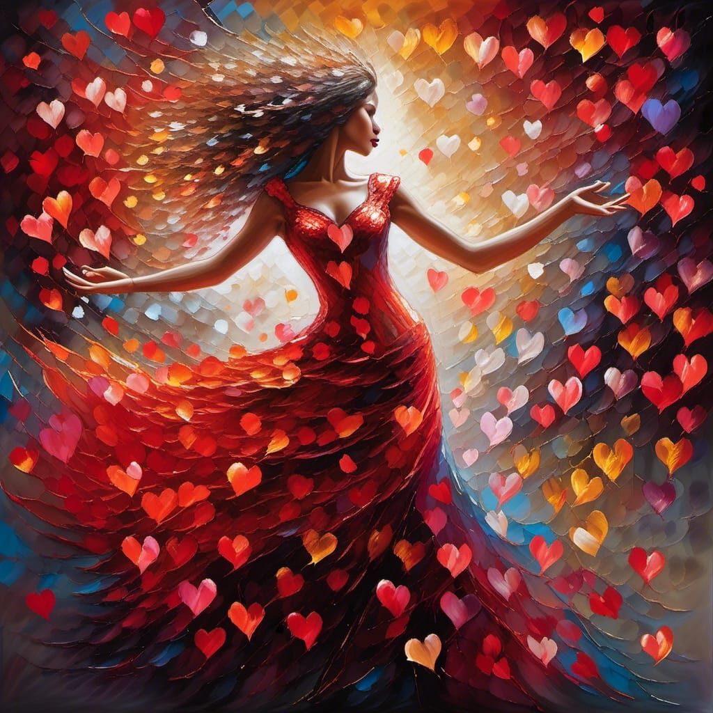 monochrome red Hyperealistic dancer wearing long dress made of many hearts and (musical notes: 1.5) that drift up and glow brightly, backgr...