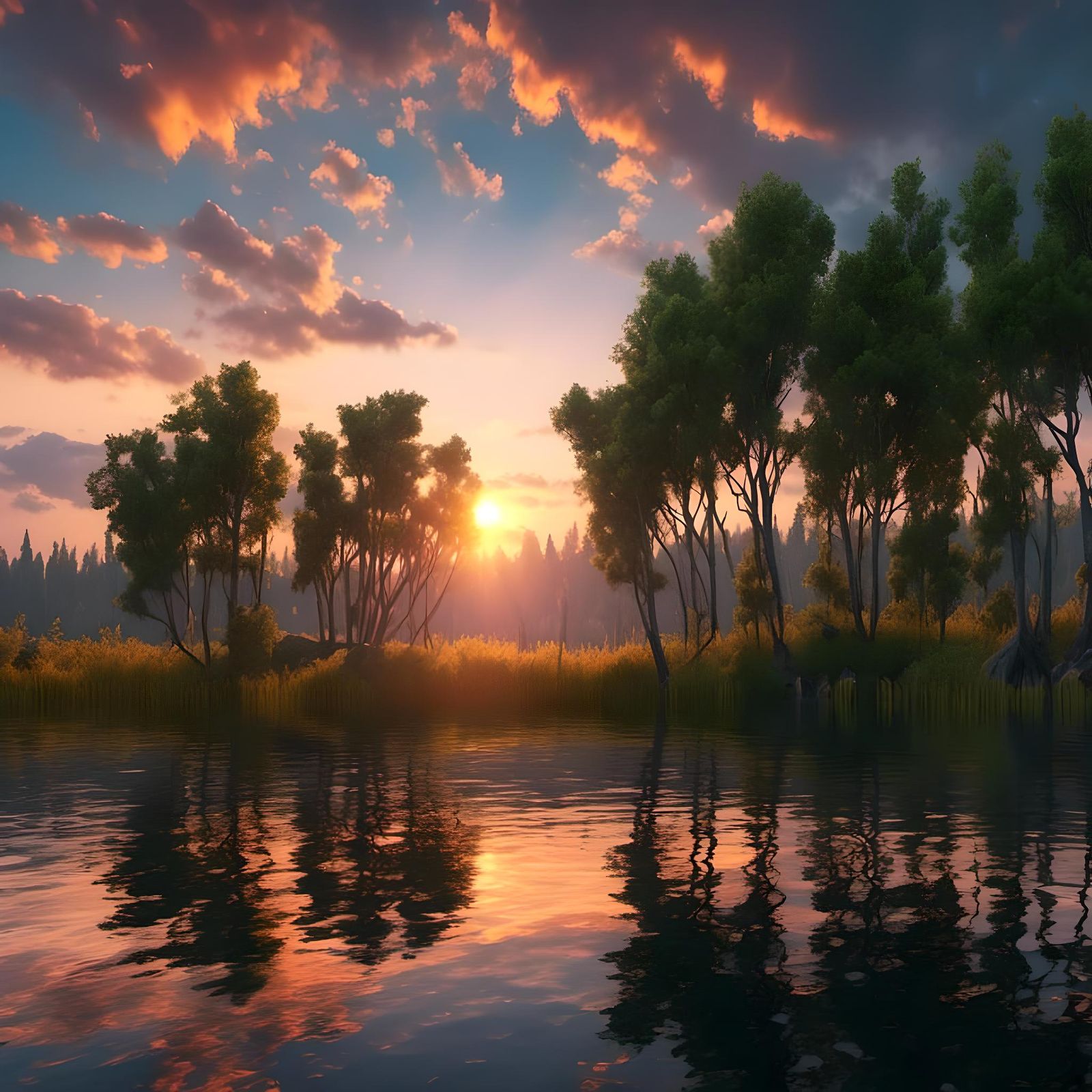 <lora:Lovely Landscapes:1.0> Sunset on a capital lake.  The trees are silhouettes. 4K high definition high resolution intricately detailed e...