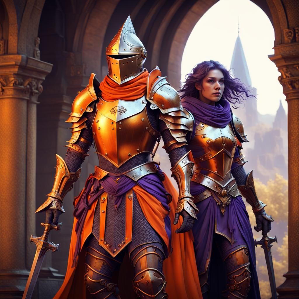 Male and female knights in orange armor.