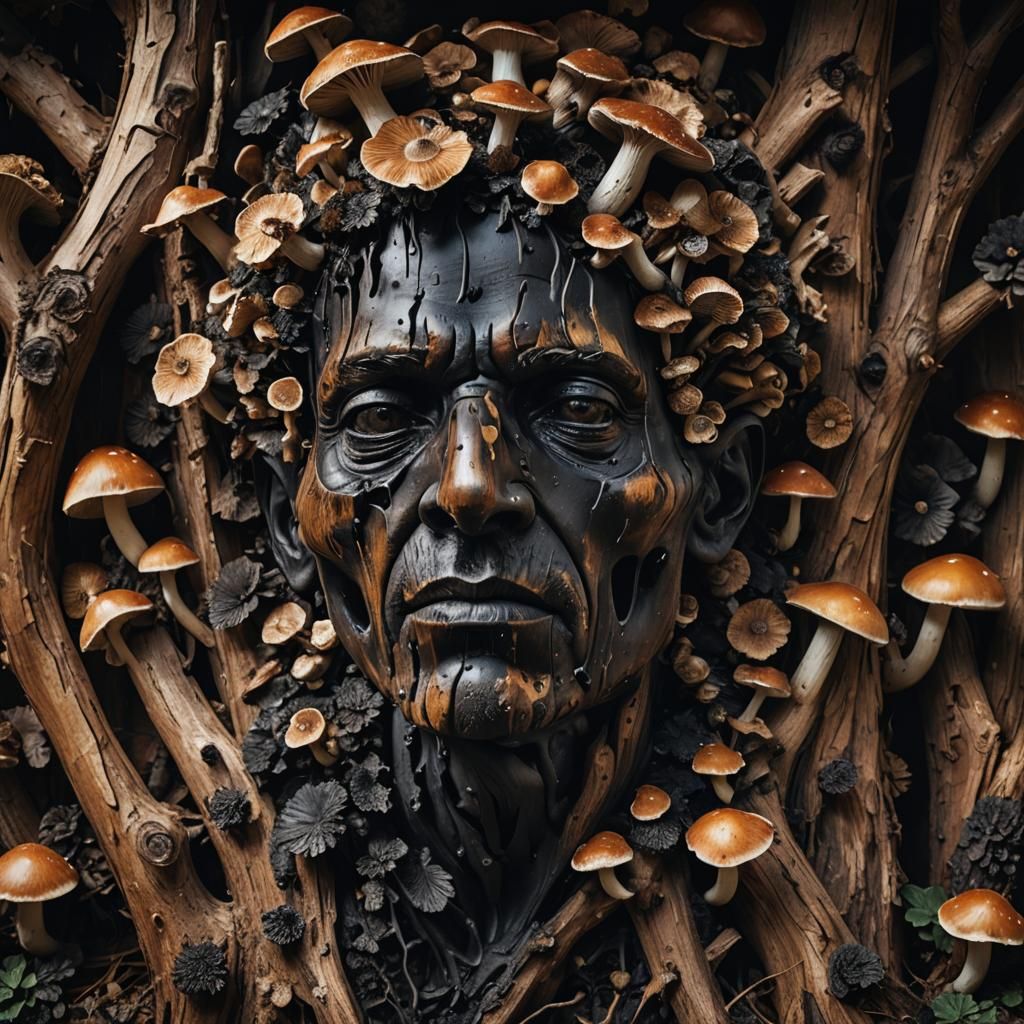 A rotten wood sculpture of a head in a lodge, mushrooms, bla...