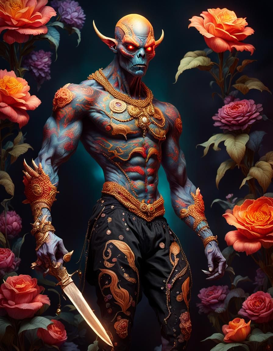 A muscular Giant Alien made of dark fabric wearing high heels, glowing