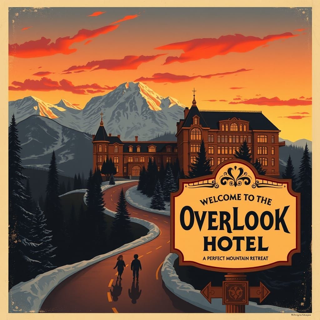 Design a vintage travel poster inspired by The Shining, promoting a visit to the fictional Overlook Hotel. ...  by @JuiceBox