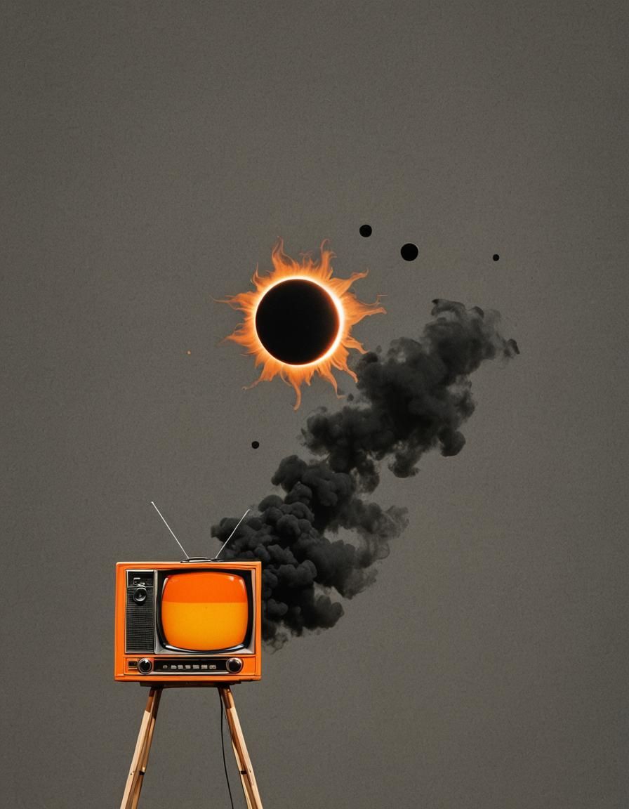 Vintage orange television solar eclipse, smoke,  simple, abs...