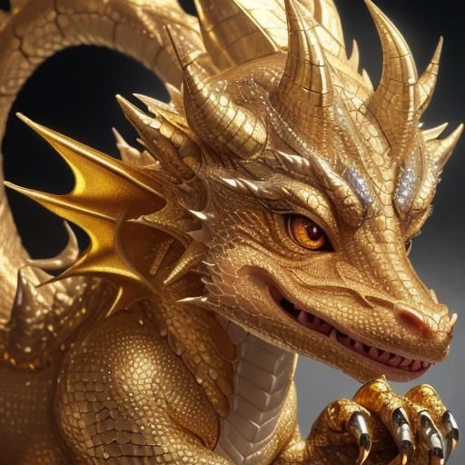 Cute chibi dragon, gold and silver, ultradetailed, intricate...