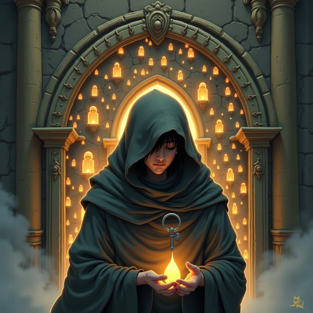 <lora:Painterly Ghibli:1.0> A cloaked figure with their face half-hidden, holding a small, glowing key. Behind them, a massive door carved w...