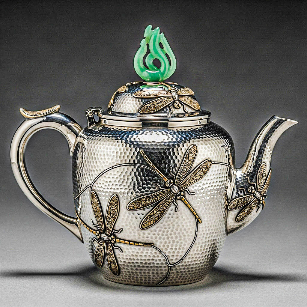 Vintage Hammered Silver, Mokume-Gane and Jade Teapots