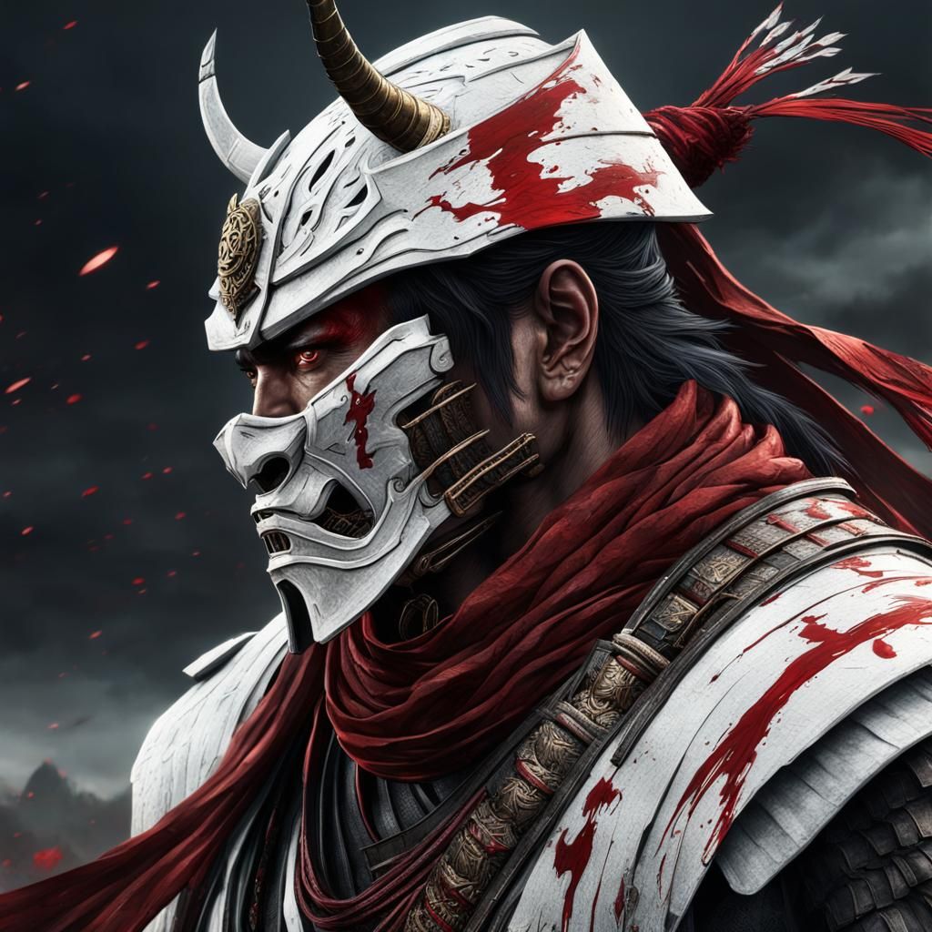 A samurai white armor. Wearing a blood red scarf around his neck. Like ...