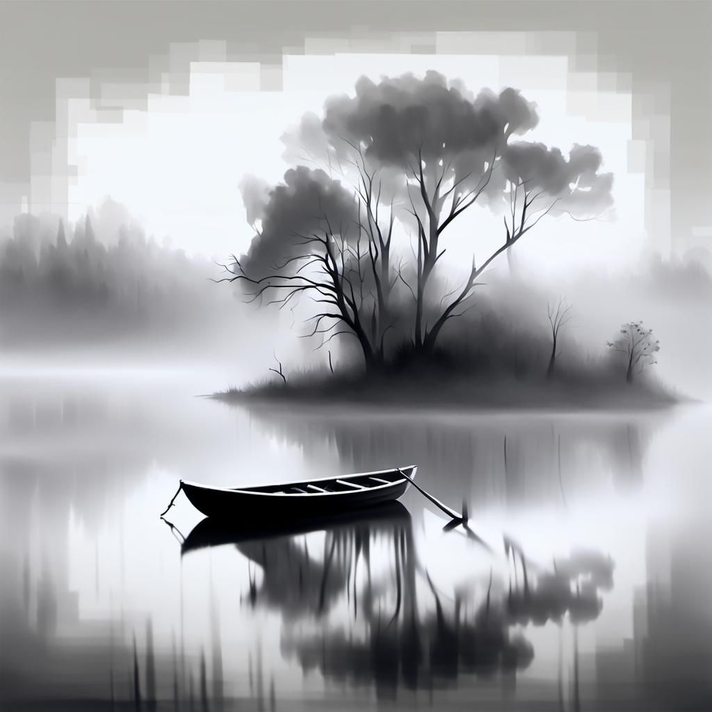 Charcoal drawing. Lonely boat on a foggy lake.