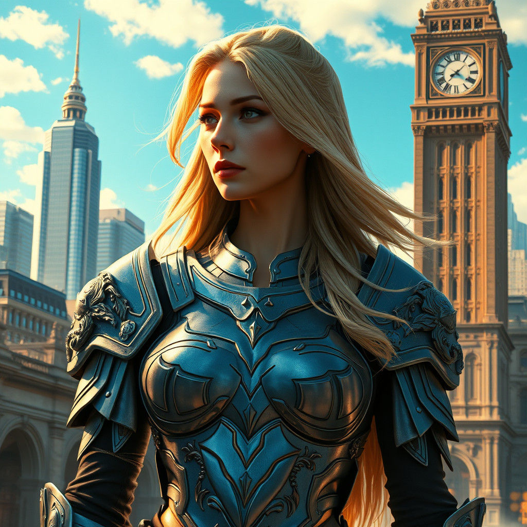 Create a visually stunning artwork of a female surreal warrior in ornate armor, set against a backdrop that seamlessly blends classical and...