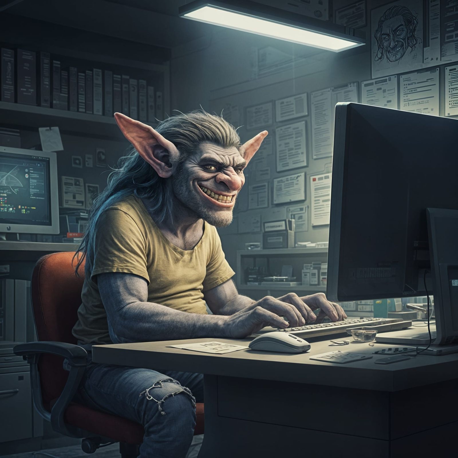 Internet troll working on a desktop computer in dimly lit office work room with notes on the wall  by @Fokje