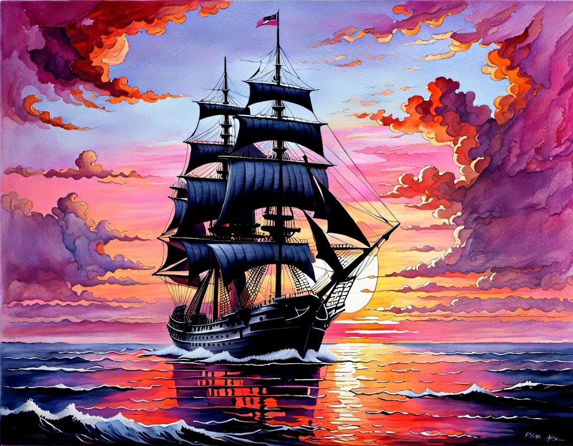 Frigate Sailing into Sunset: Pastel Watercolor Painting