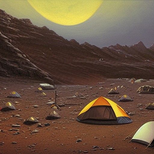 A large campsite of tents on the moon's surface with the ear...