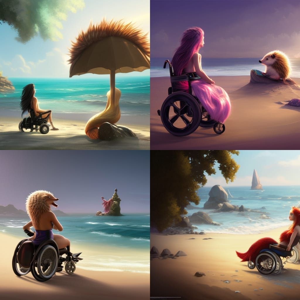 a hedgehog on a beach with a beautiful mermaid in a wheelchair AI Generated Artwork