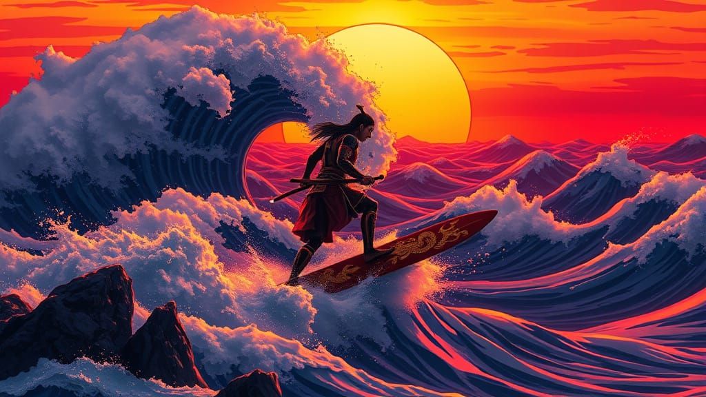 Samurai Surfer Rides Crimson Wave