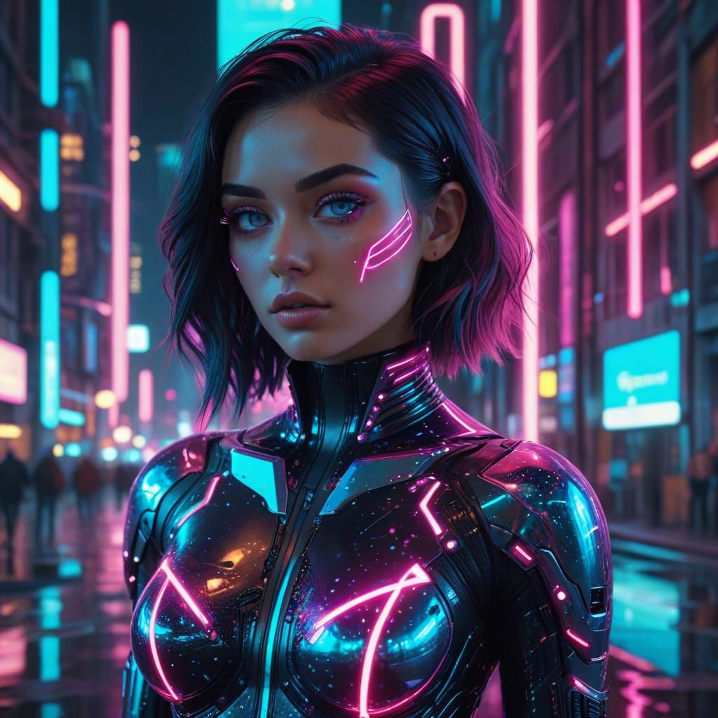 Girl in Futuristic Holographic Body Stands Amidst Neon Urban...