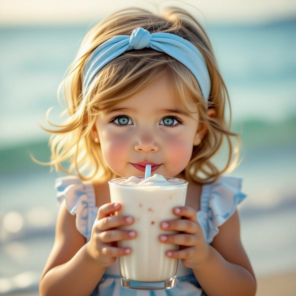Girl Drinks Milkshake by the Sea