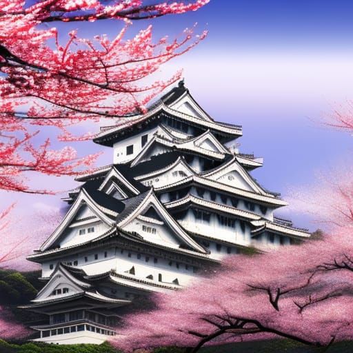 Himeji Castle surrounded by cherry blossoms in full bloom, e...