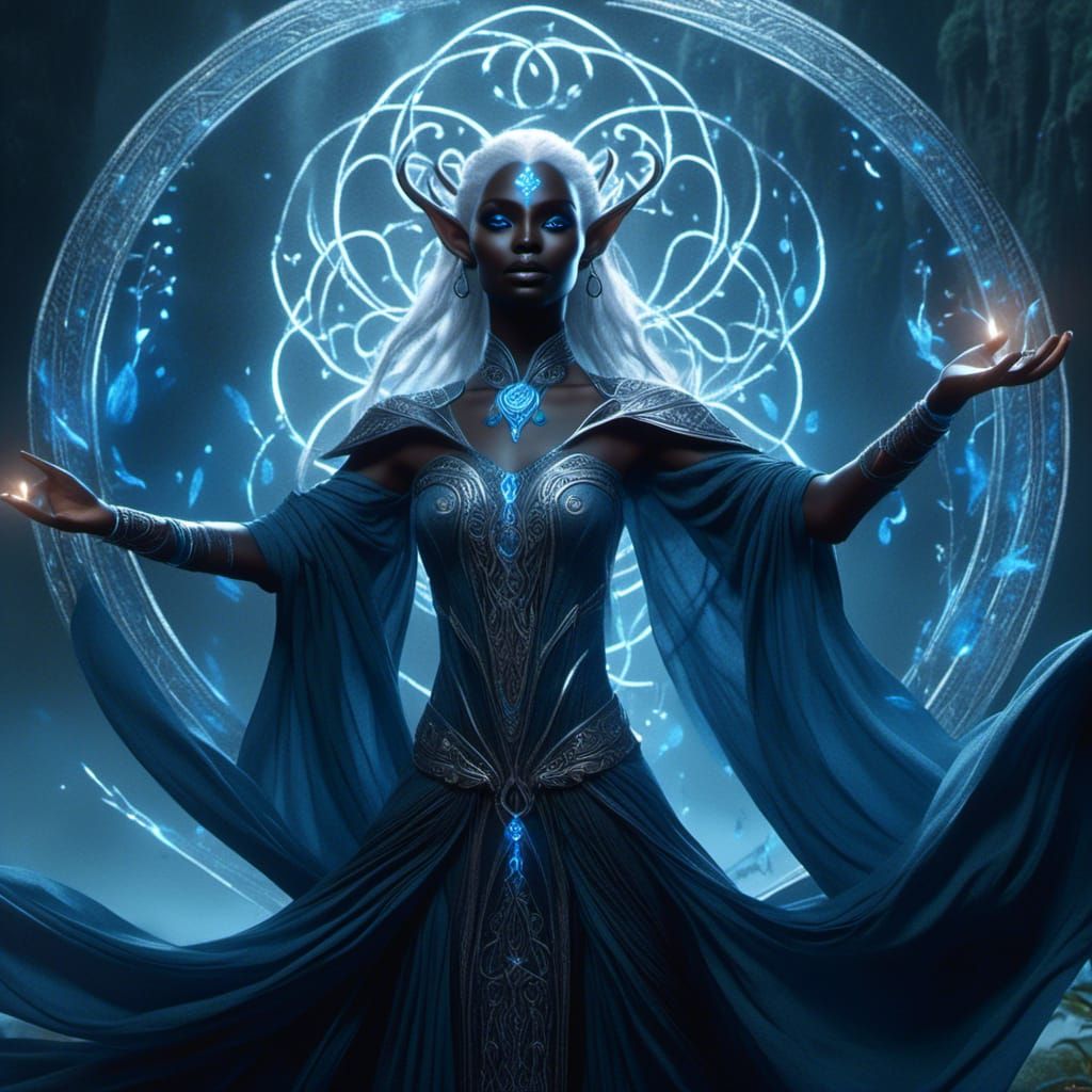  <lora:Ethnic Fantasy:1.0> a drow elf enchantress summoning the spirits of air to protect her