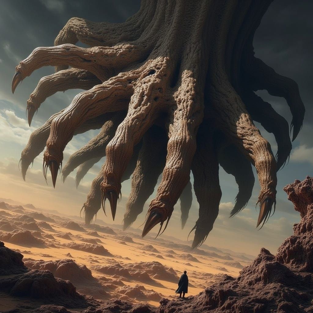 <lora:Divine Threat:1.0> the cosmic palm breaks the planet with its claws