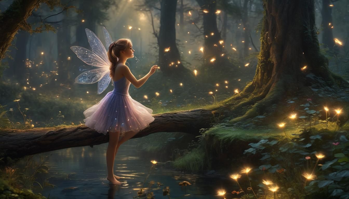 A fairy playing with fireflies (v2)  by @Marcos