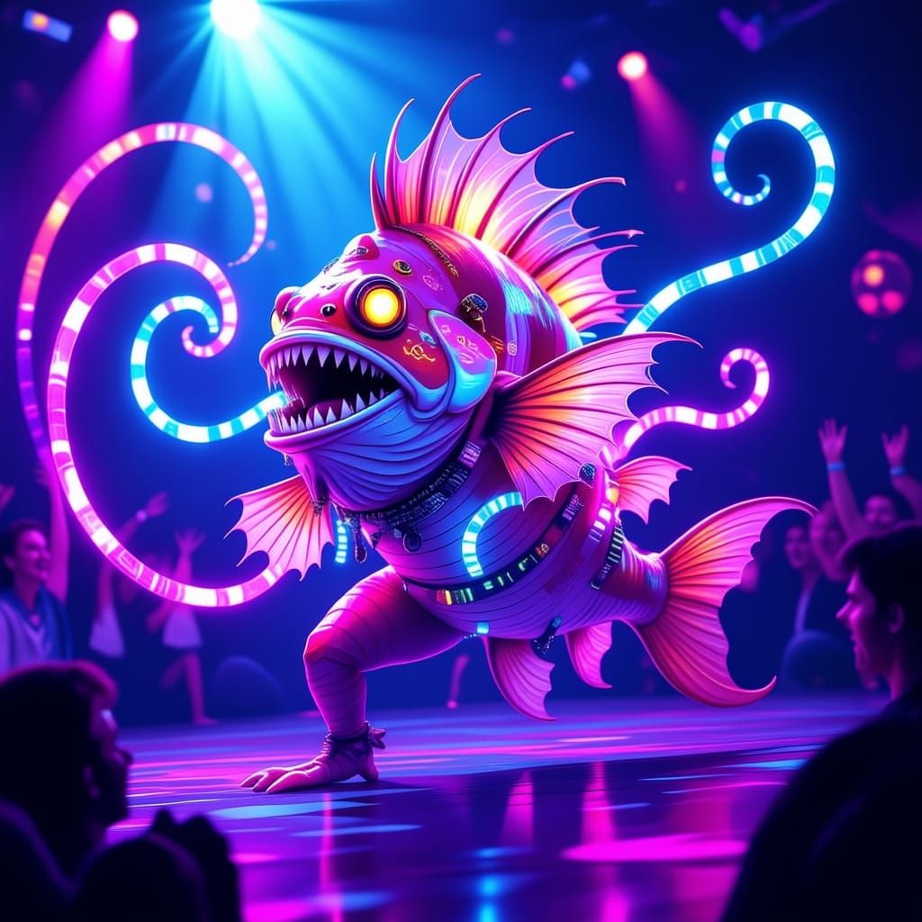 A colossal anglerfish, with sharp teeth and glowing eyes, wearing glow stick jewelry, is attempting to dance at an underground rave. Swirls ...