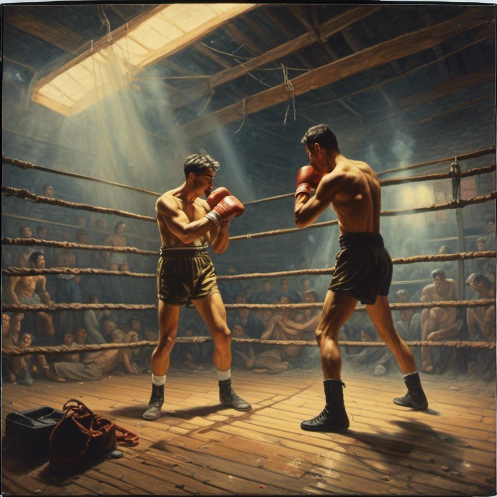 Vintage photography, 1950, boxing gym, smoky air, action shot 2 men in ...