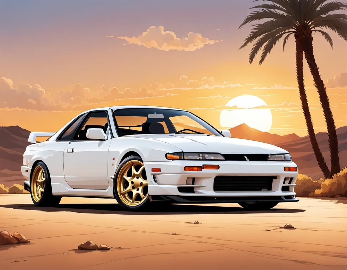 Striking silhouette of a  (((Half side view of a "white 1991 Nissan Silvia S13 K  with gold rims :1.5))) against a setting sun on a desert h...