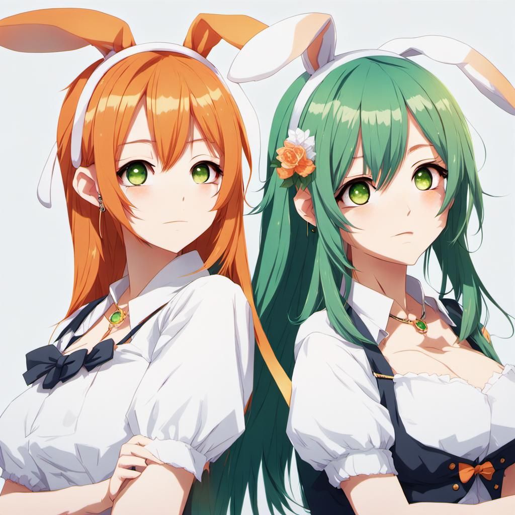 two cute asian girls, one has long orange hair the other has short green  hair, big breast, low cut shirt. as accessories they have bunny ear... - AI  Generated Artwork - NightCafe Creator