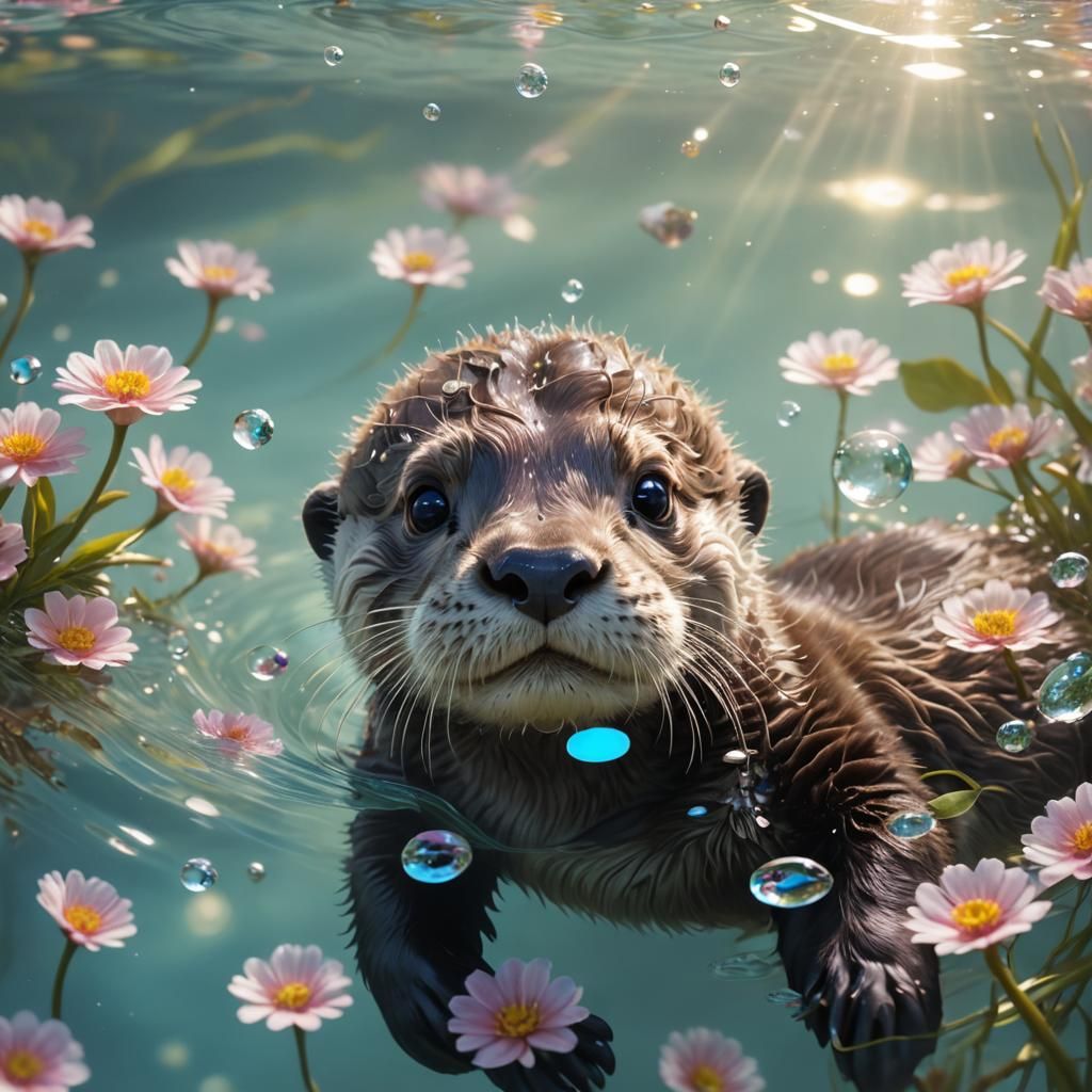 Close up of an adorable fluffy baby otter pup blissfully swimming ...