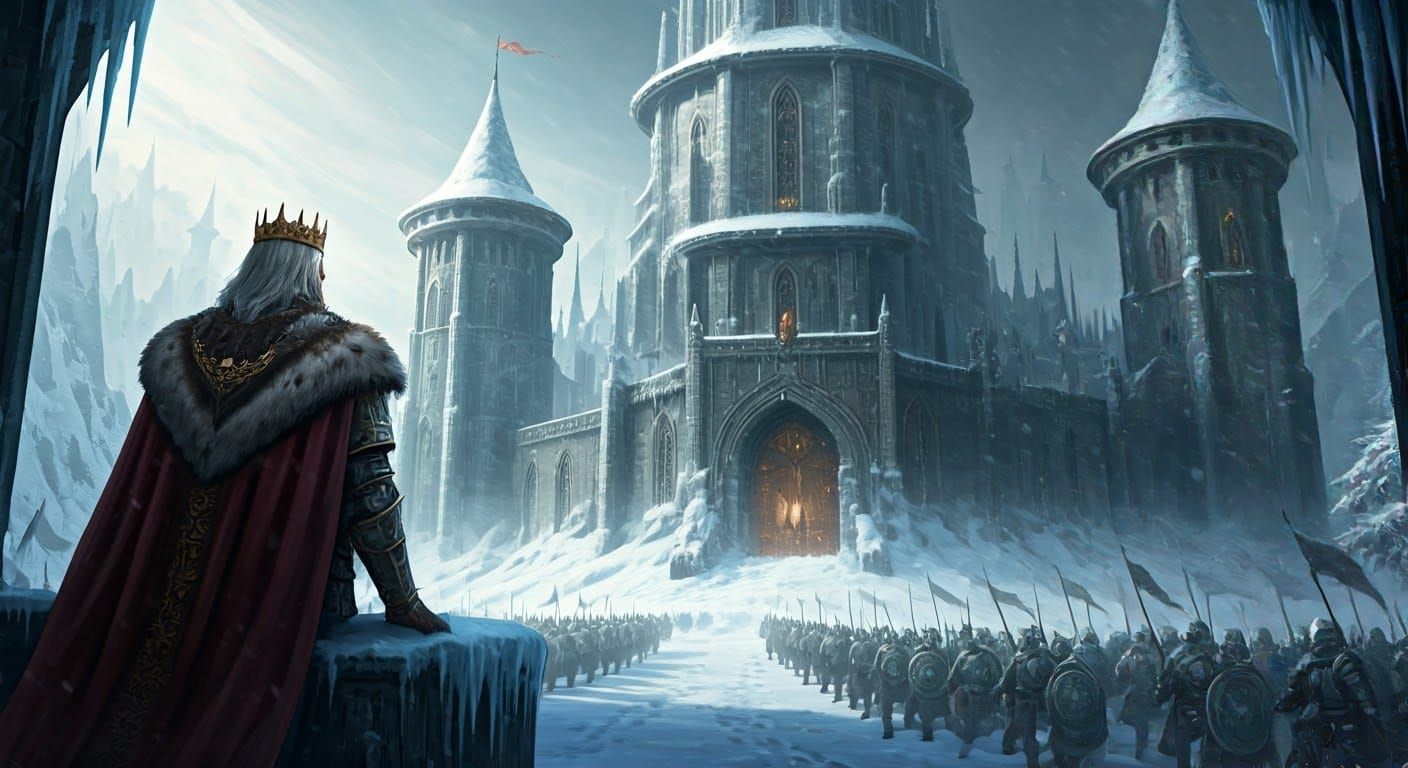 A large and magnificent castle covered in snow, the king is watching strong and powerful gladiators bravely ...  by @undefined
