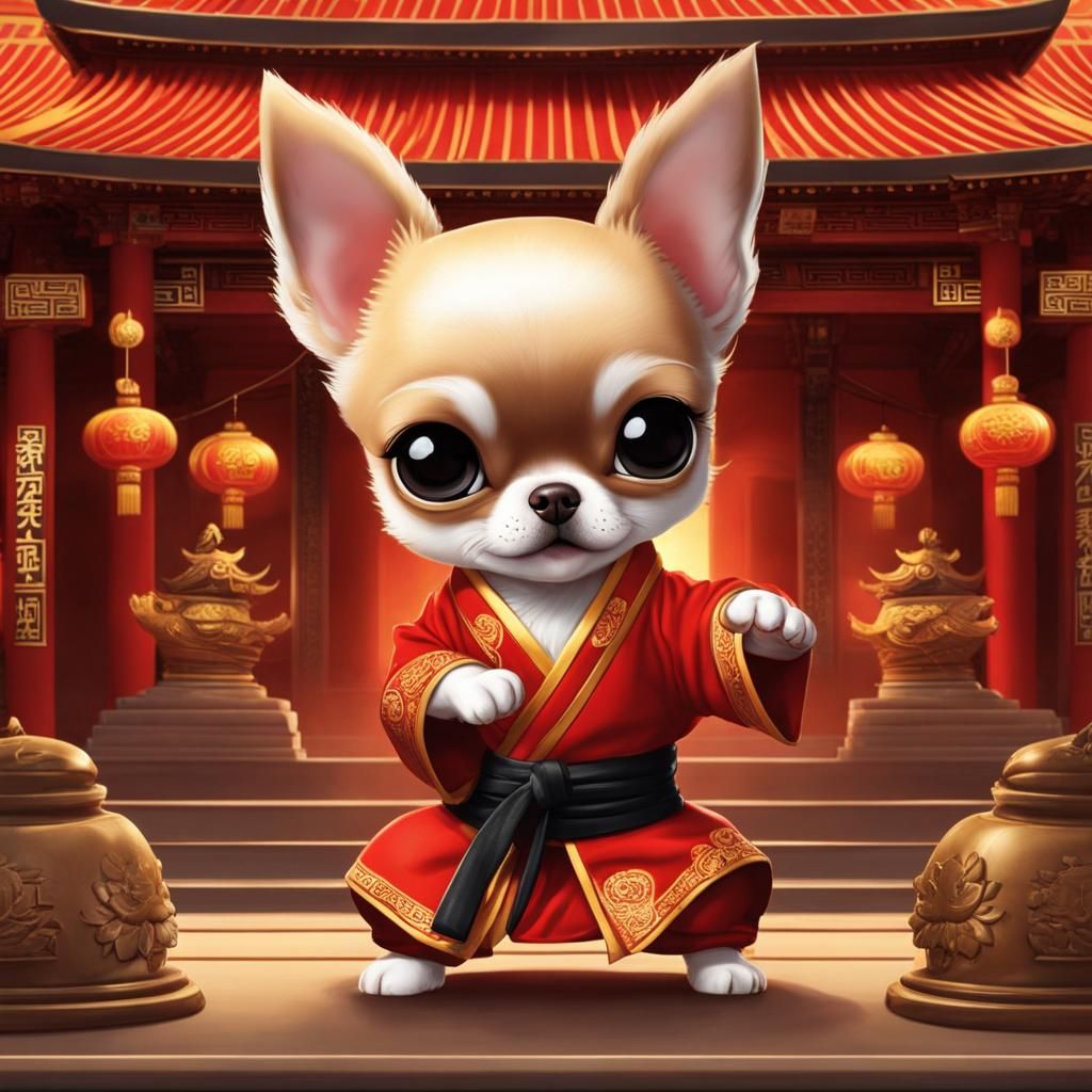 chibified chihuahua doing martial arts in a temple  by @Charlotti