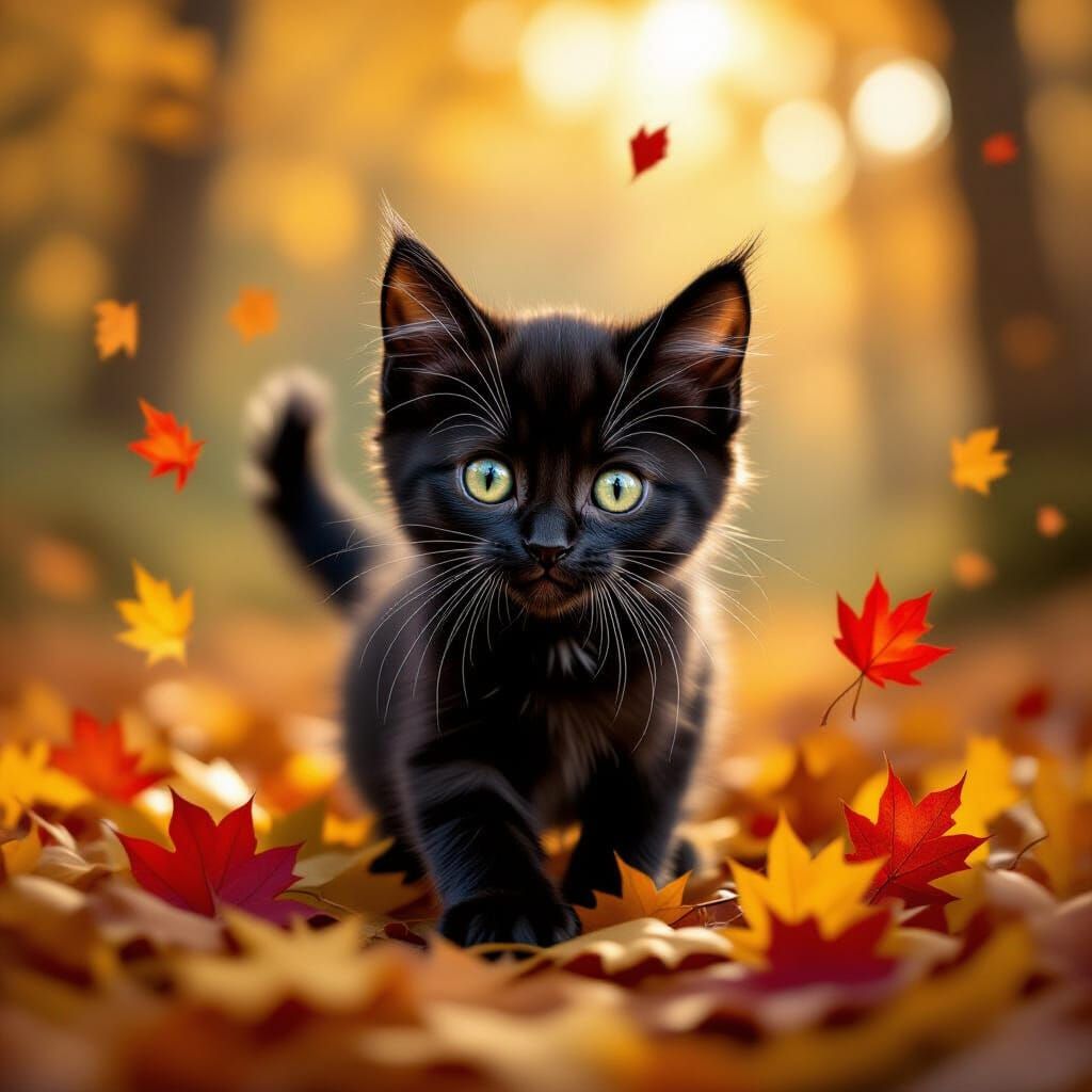A Happy Black Kitten Playing in Leaves