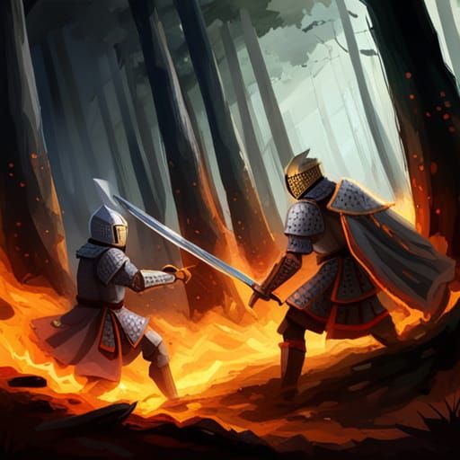 Two knights fighting in a burning forest
