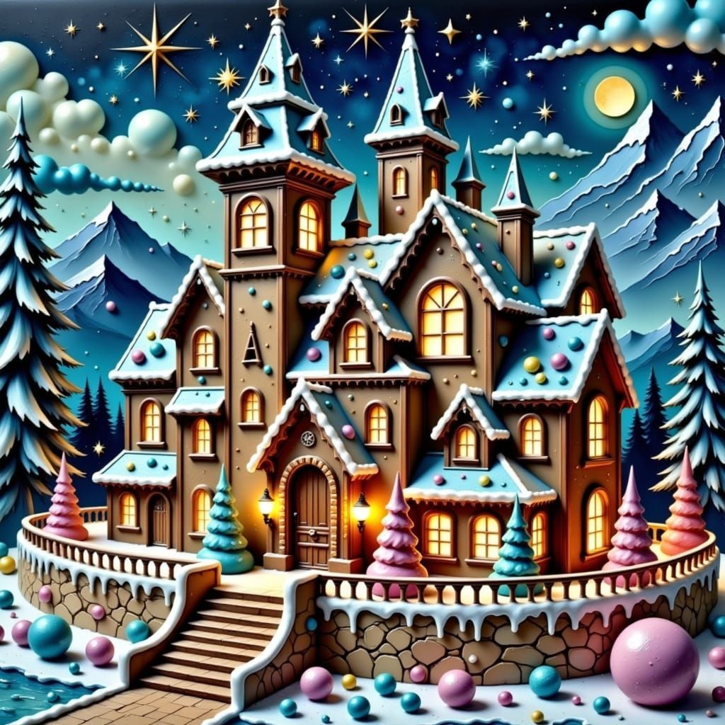 <lora:Alcohol Inks:1.0>  <lora:ImpastoFlux:1.0> <lora:Alcohol Ink Splash:1.0> An elaborate multi‑story gingerbread house styled like a fairy...